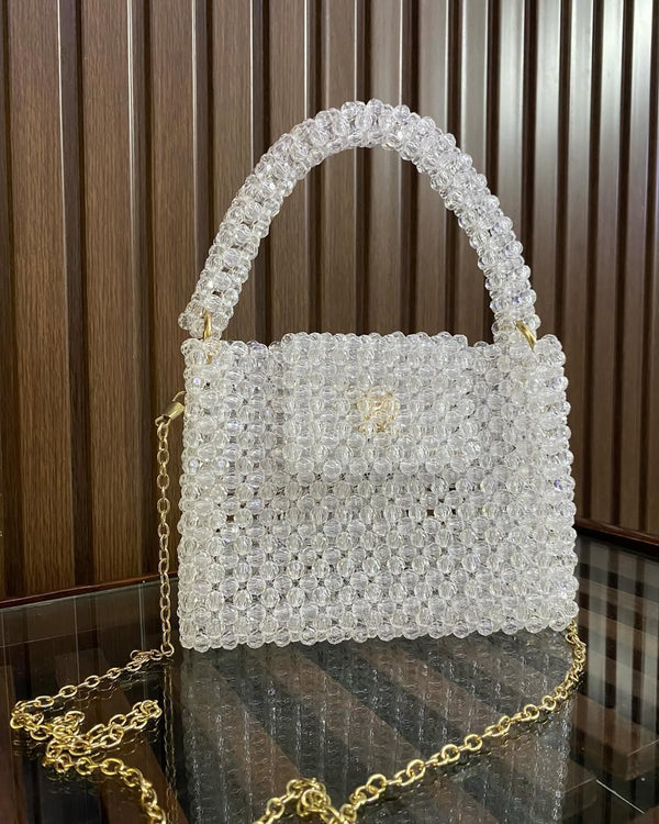 White Crystal Beaded Handbag with Gold Chain Strap