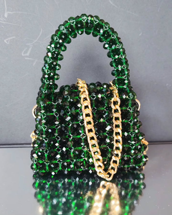 Emerald Elegance Beaded Handbag with Gold Chain