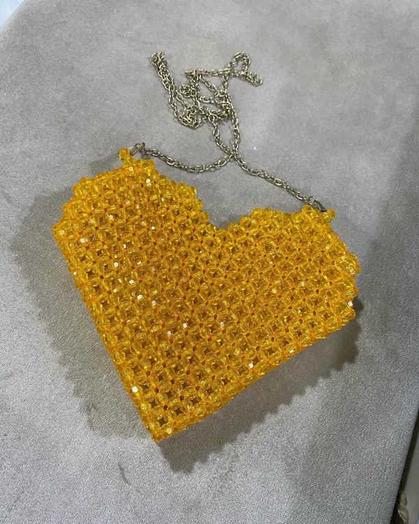 Vibrant Yellow Beaded Mini Shoulder Bag with Chain Strap