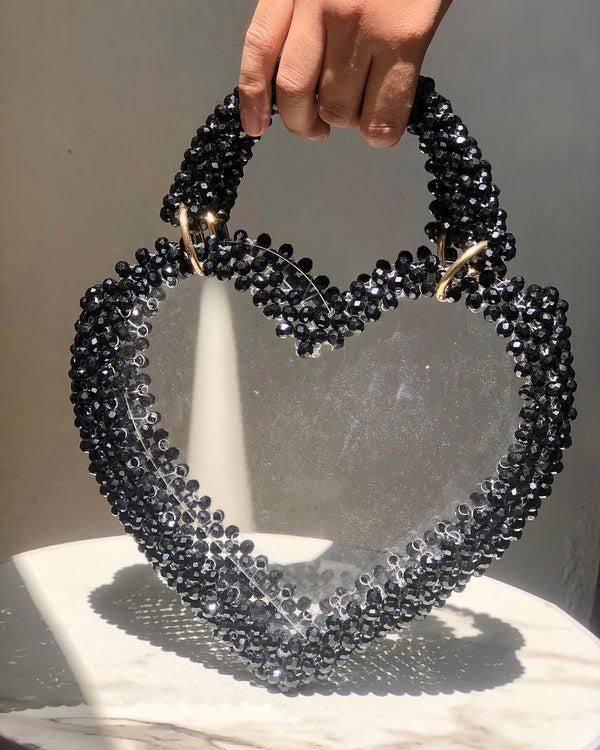 Midnight Sparkle Heart-Shaped Beaded Handbag