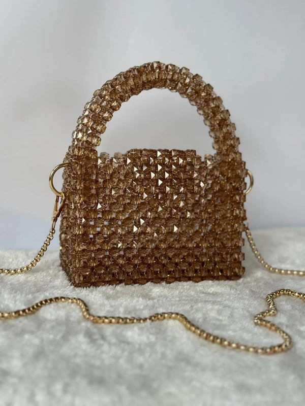 Crystal Luxe Beaded Mini Handbag – Champagne Gold