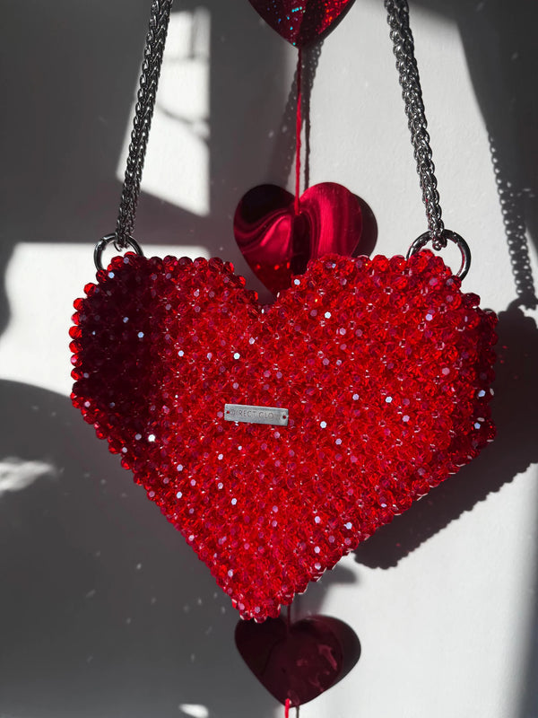 Red Crystal Heart-Shaped Beaded Bag with Chain Strap